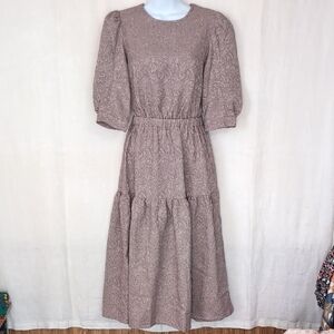 Current Air Taupe Jacquard Midi Dress Half Sleeve Tiered Skirt Size Extra Small